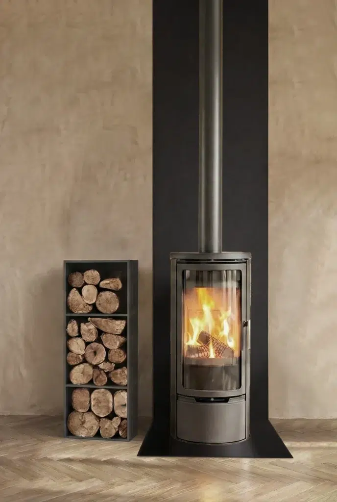 Linea S stufa con salvapavimento-Parete e portalegna