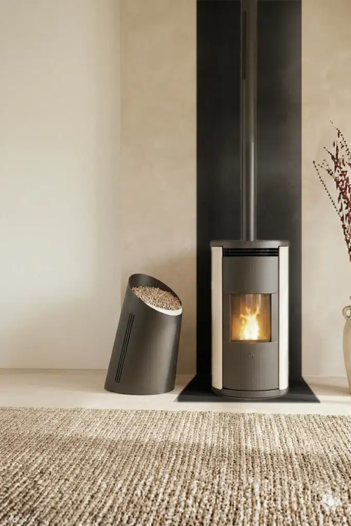 Linea S stufa con salvapavimento-Parete e portapellet Tronco